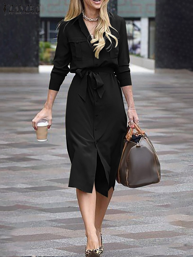 ZANZEA Spring Women Solid Color Dress Femme Full Sleeve Lapel Sundress Fashion Casual Elegant Midi Robe Work OL Vestidos 2022