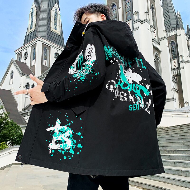 موضة 2023 ربيع خريف رجالي منتصف طول جاكت مزود بغطاء للرأس الشارع الشهير سترة واقية طويلة معاطف البضائع للشباب الهيب هوب ملابس علوية