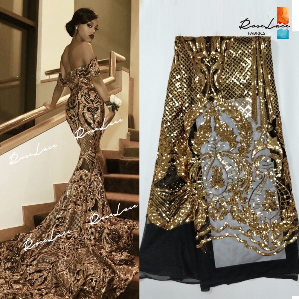 تصميم جميل مطرزة شبكة نسيج الدانتيل للنساء فستان الحفلات الدانتيل الذهب الأفريقي الترتر جبر صافي الدانتيل المواد