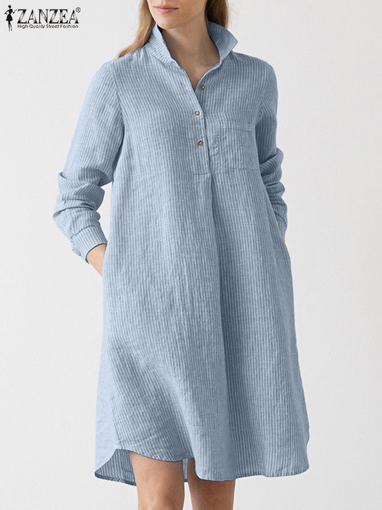 فستان نسائي من ZANZEA بأكمام طويلة مخطط ومطبوع أنيق بأزرار فستان صيفي غير رسمي بتصميم بوهيمي فضفاض يصلح لقضاء العطلات على الشاطئ