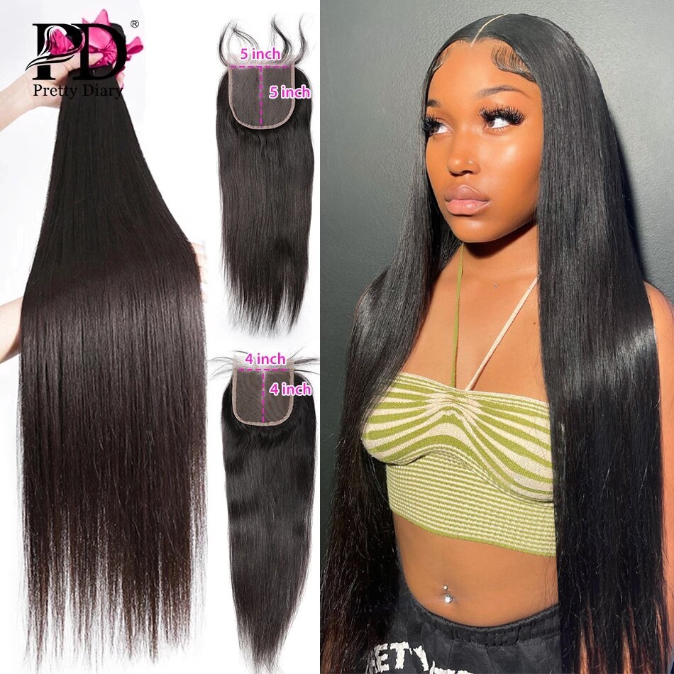 خصلات شعر برازيلي مستقيم مجدول 28 30 بوصة 3 4 خصلات شعر بشري بغالق أمامي