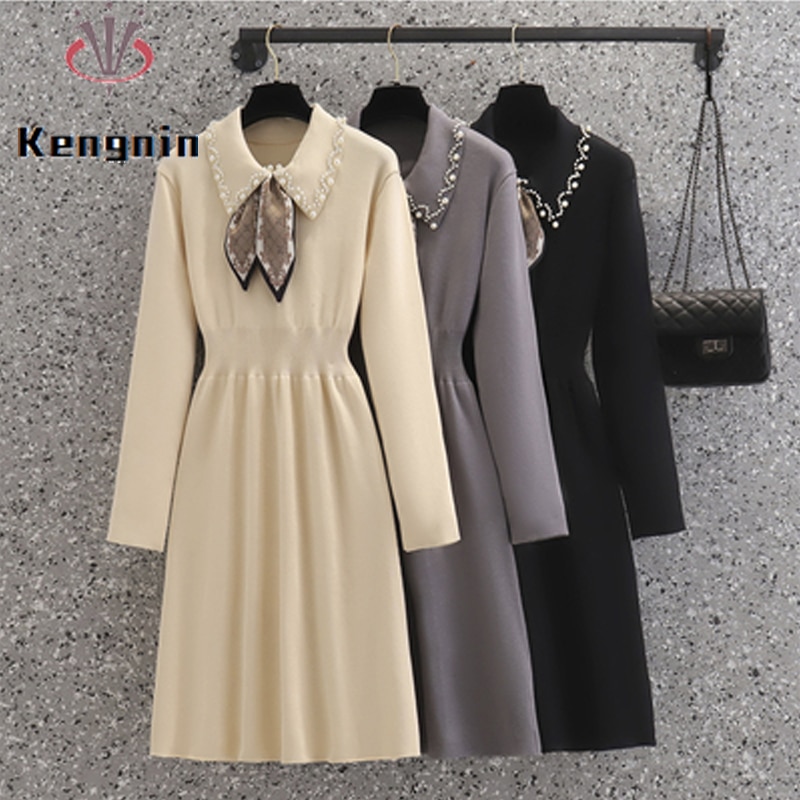 محبوك الشتاء فساتين النساء سترة طويلة الأكمام سميكة الدافئة مكتب سيدة العمل Vestidos فضفاض القوس مرونة الخصر رداء فستان KE1970