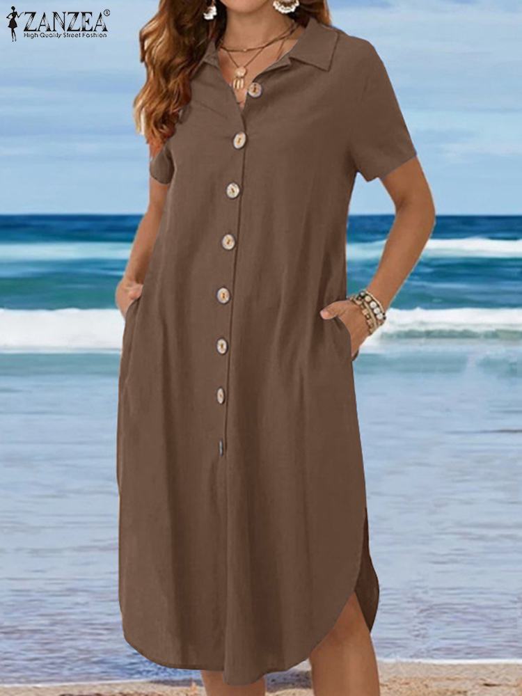 ZANZEA أنيقة الصلبة Shirtdress 2022 المتضخم المرأة فستان صيفي أنيق قصير الأكمام فساتين متوسطة الطول زر أسفل العمل OL رداء