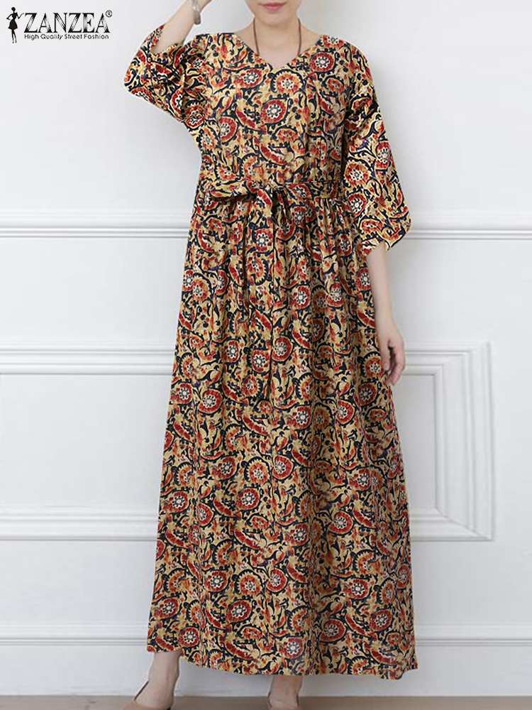 فستان طويل من ZANZEA Hoilday برقبة على شكل حرف V للنساء 2022 من القطن والكتان غير رسمي فضفاض بأكمام 3/4 ومطبوع بالورود