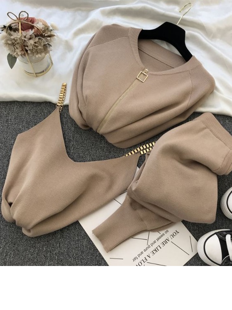 امرأة سترة موضة المرأة البدلة 2022 خريف جديد الحلو مزاجه سلسلة سترة محبوك سترة عادية + ثلاث قطع بنطال مرن