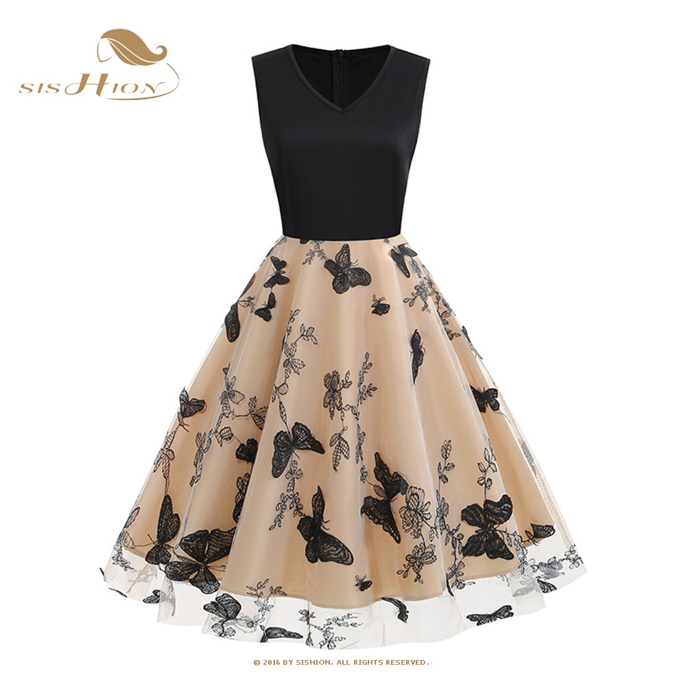 فراشة الأزهار المطرزة خمر فستان حفلة سوداء المرقعة شبكة أنيقة المرأة بلا أكمام 1950s نمط فساتين متوسطة الطول VD3322