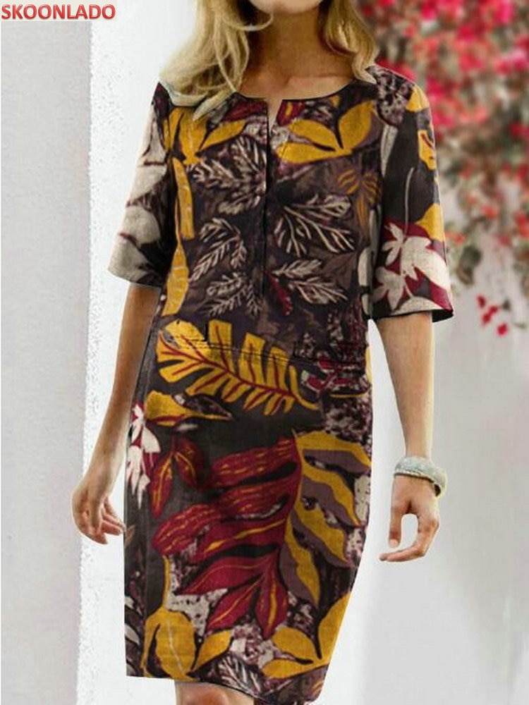 أحدث القطن فستان من الكتان es في الخارج حجم الصيف عادية فضفاض سيدة زهرة اللون الخامس الرقبة فستان من الكتان المرأة قصيرة الأكمام فستان الركبة