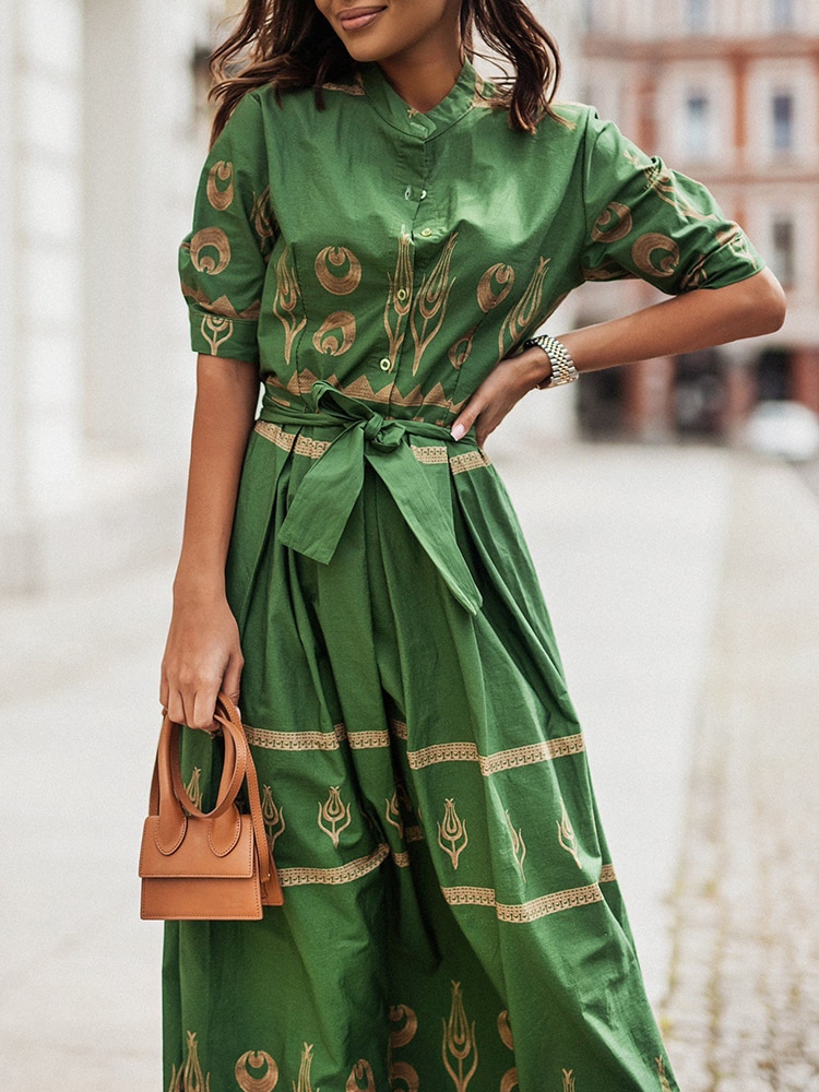 فستان قميص مطبوع على الموضة فستان حريمي أنيق عتيق فستان ماكسي أنيق بحزام بأزرار عالي الخصر فساتين للنساء فاخرة 2022