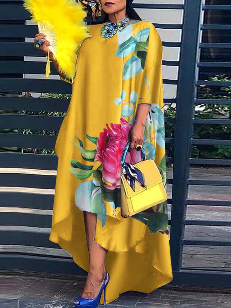 فستان نسائي للخريف فستان صيفي عتيق متوسط الطول فوندا 2022 مطبوع عليه زهور برقبة دائرية 3/4 كم غير متماثل للحفلات مقاس كبير