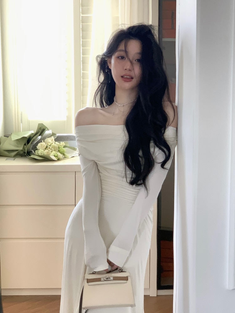 فستان سهرة أنيق عتيق بأكمام طويلة مكشوف الأكتاف للنساء ملابس مثيرة للسيدات للحفلات موضة خريف وشتاء 2022 جديد