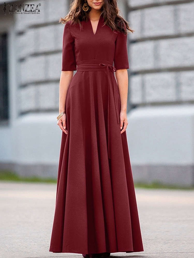 ZANZEA أنيقة المرأة ماكسي فستان طويل الصيف الخامس الرقبة نصف كم فستان الشمس الطرف موضة الصلبة ألف خط عطلة Vestidos رداء فام