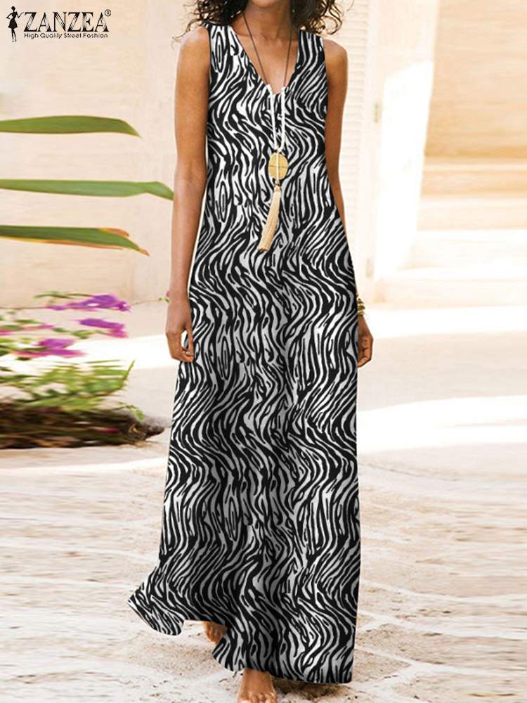 2022 ZANZEA المرأة زيبرا نمط طباعة ماكسي فستان طويل الصيف الخامس الرقبة أكمام عطلة فستان الشمس رداء فام عادية شاطئ Vestidos