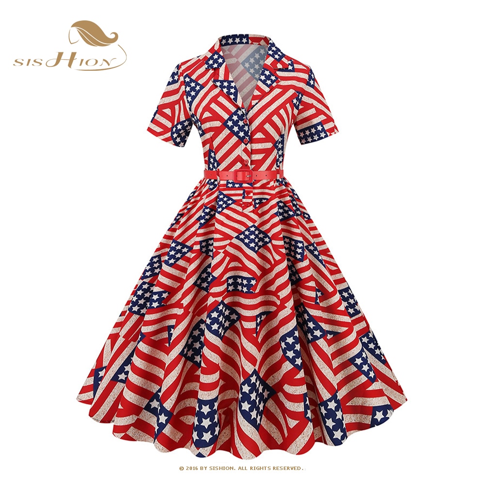 SISHION جديد المرأة عيد الاستقلال العلم الأمريكي طباعة Hot البيع عالية الخصر فستان الرجعية VD3192