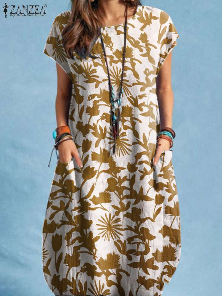 2022 صيف جديد موضة فستان مُزين بطباعة ZANZEA امرأة ملابس قصيرة الأكمام أنيقة عادية خمر فساتين السيدات عطلة Vestidos
