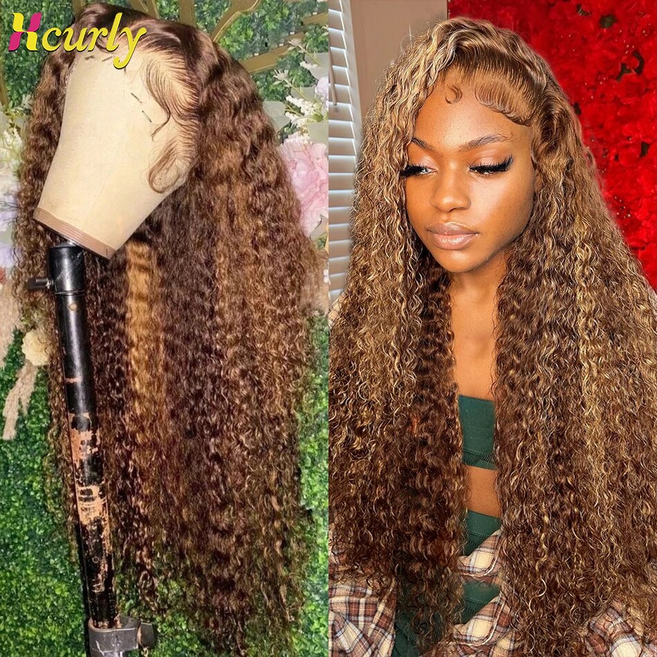 13x6 13X4 الدانتيل الباروكة شعر الإنسان 30 بوصة تسليط الضوء على العسل البني مجعد الدانتيل الجبهة الباروكات موجة عميقة الدانتيل الجبهة الباروكات للنساء