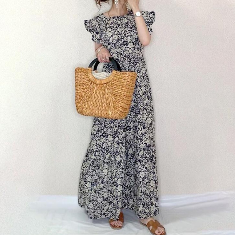 2022 نساء فستان زهري نساء فستان صيفي اليابان نمط مستدير الرقبة كشكش كم a خط المرأة الطازجة الحلو ماكسي فساتين طويلة