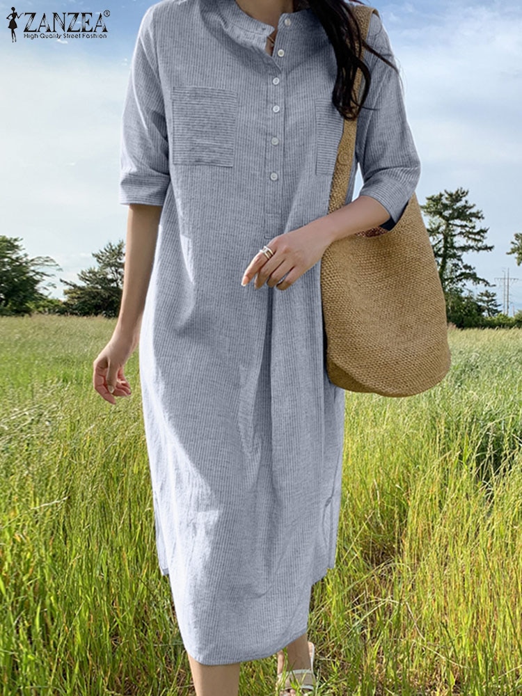 ZANZEA فستان صيفي أنيق للنساء مخطط مطبوع بأكمام قصيرة وفتحة رقبة مستديرة وأنيق مناسب لقضاء الإجازات على الشاطئ والشاطئ بتصميم بوهيمي فضفاض من موديلات 2022