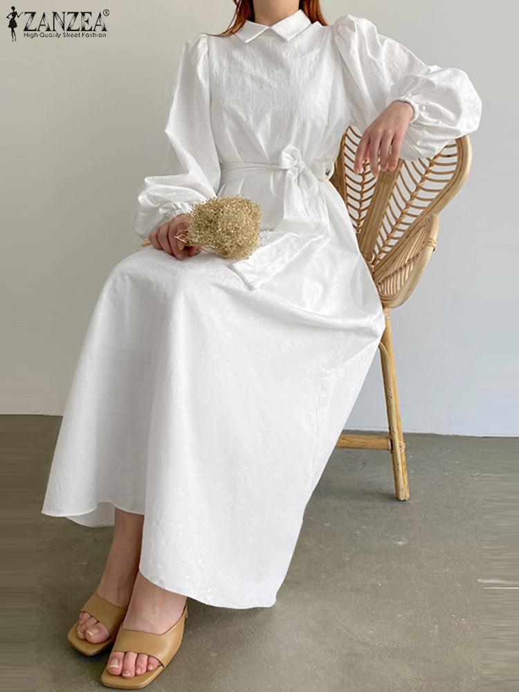 فستان نسائي طويل من ZANZEA أنيق بأكمام طويلة منتفخ فساتين حفلات غير رسمية بحزام بلون سادة