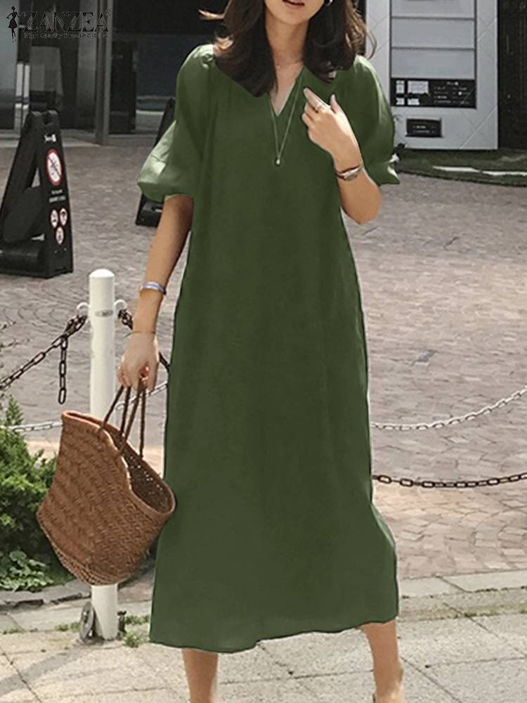 فستان ZANZEA موضة صيف 2023 للعطلات للنساء فستان صيفي فضفاض غير رسمي بنصف كم وفتحة رقبة على شكل V فستان صيفي فضفاض للنساء