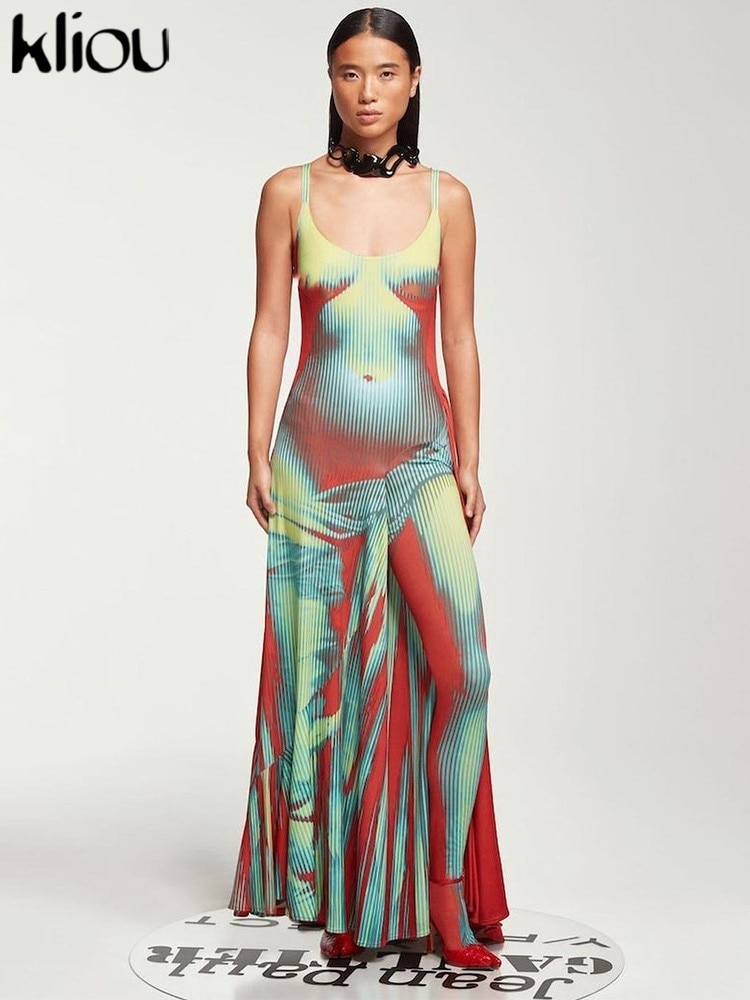 Kliou ثلاثية الأبعاد طباعة الجسم فستان ماكسي المرأة لامعة التعادل الجافة مذهلة U-الرقبة السباغيتي حزام رداء الإناث الجسم تشكيل محب الشارع الشهير